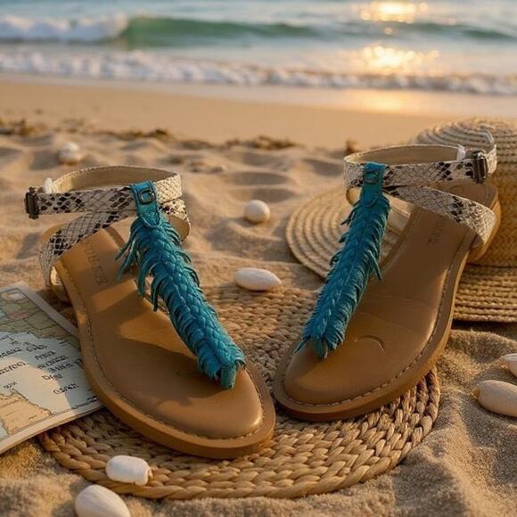 Guess Turquoise Fringe and Snakeskin Print Sandals (10) - Picture 2 of 11